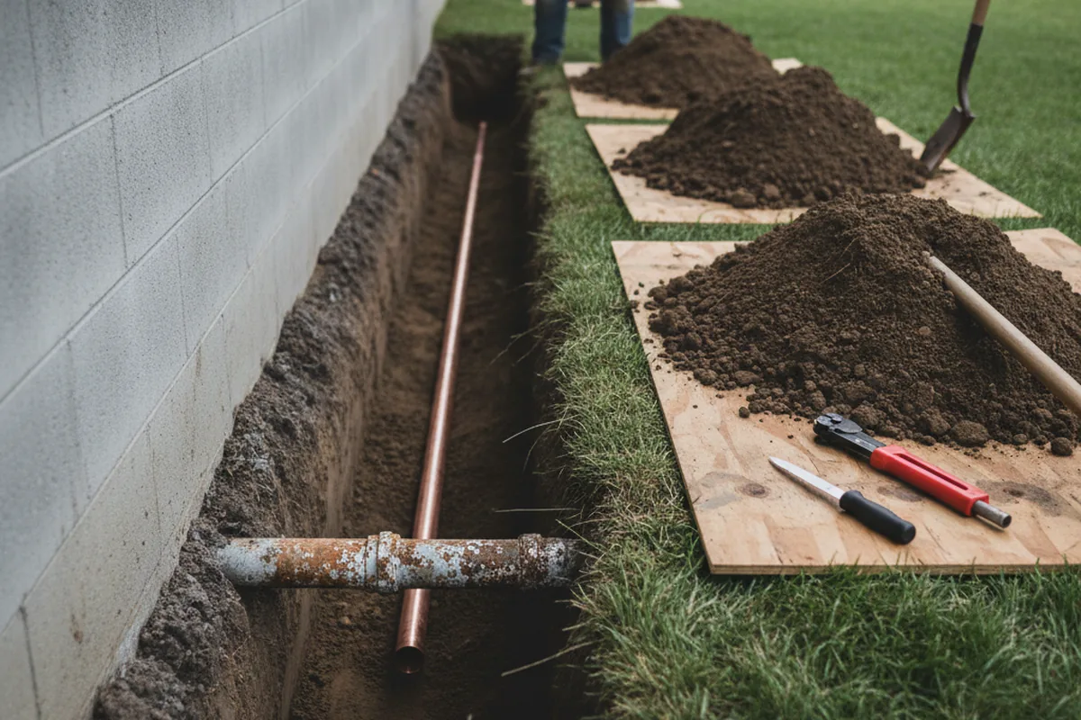 Excavated water line trench during Sewer Line Repair in Nesbit